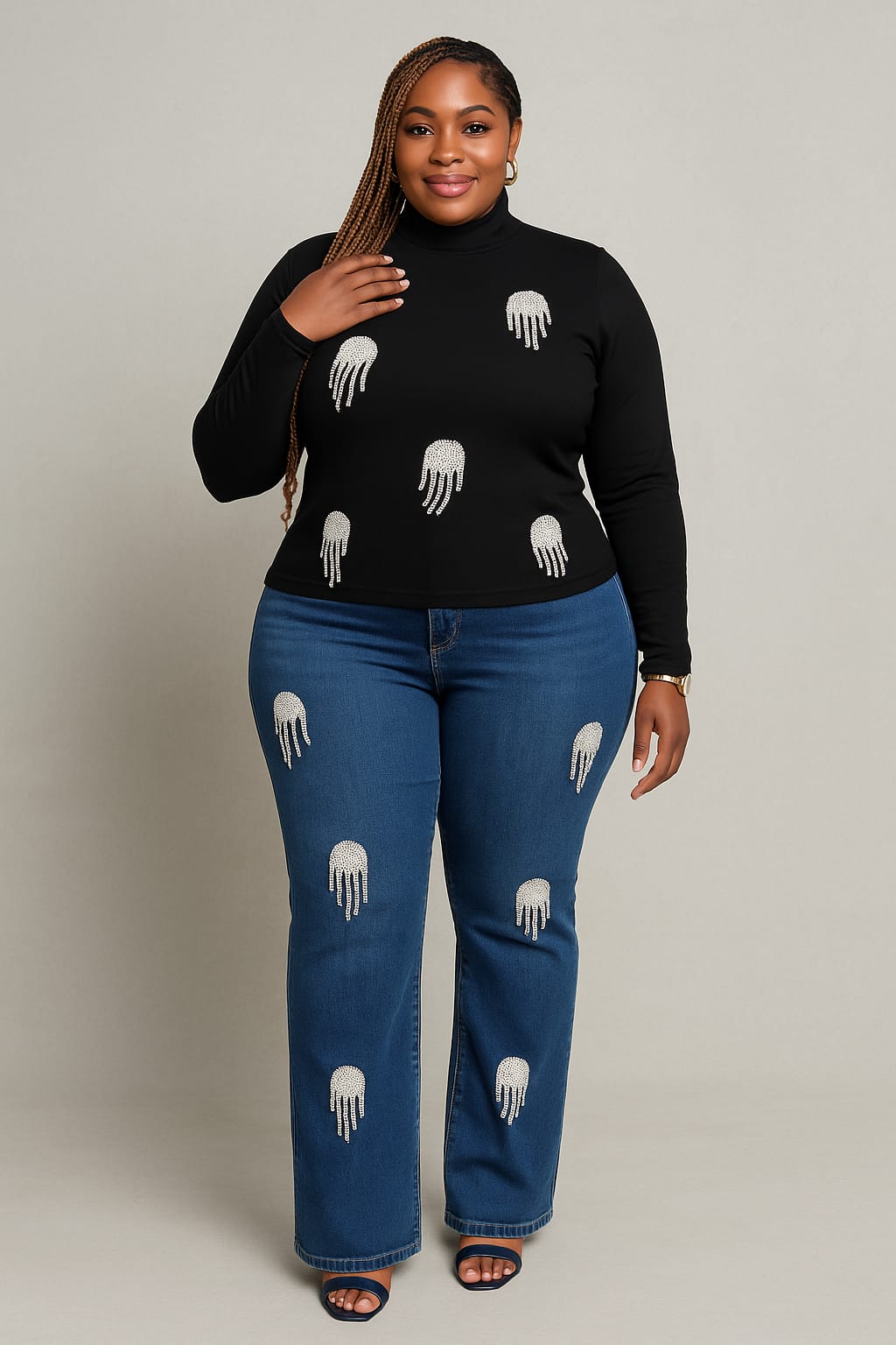 Turtleneck & Rhinestone Drip Denim