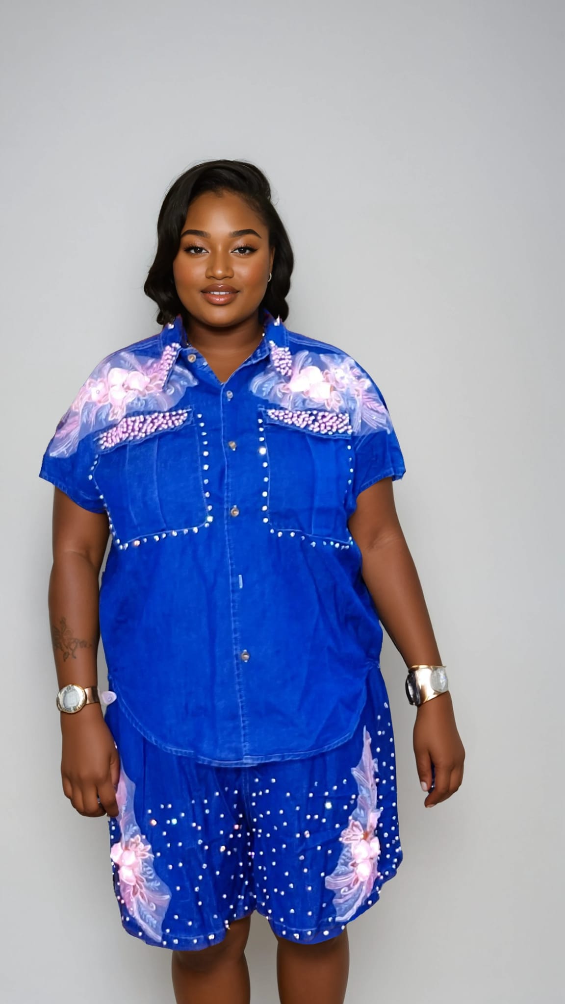 Cobalt Pearl‑Stud Shirt & Floral Appliqué Shorts
