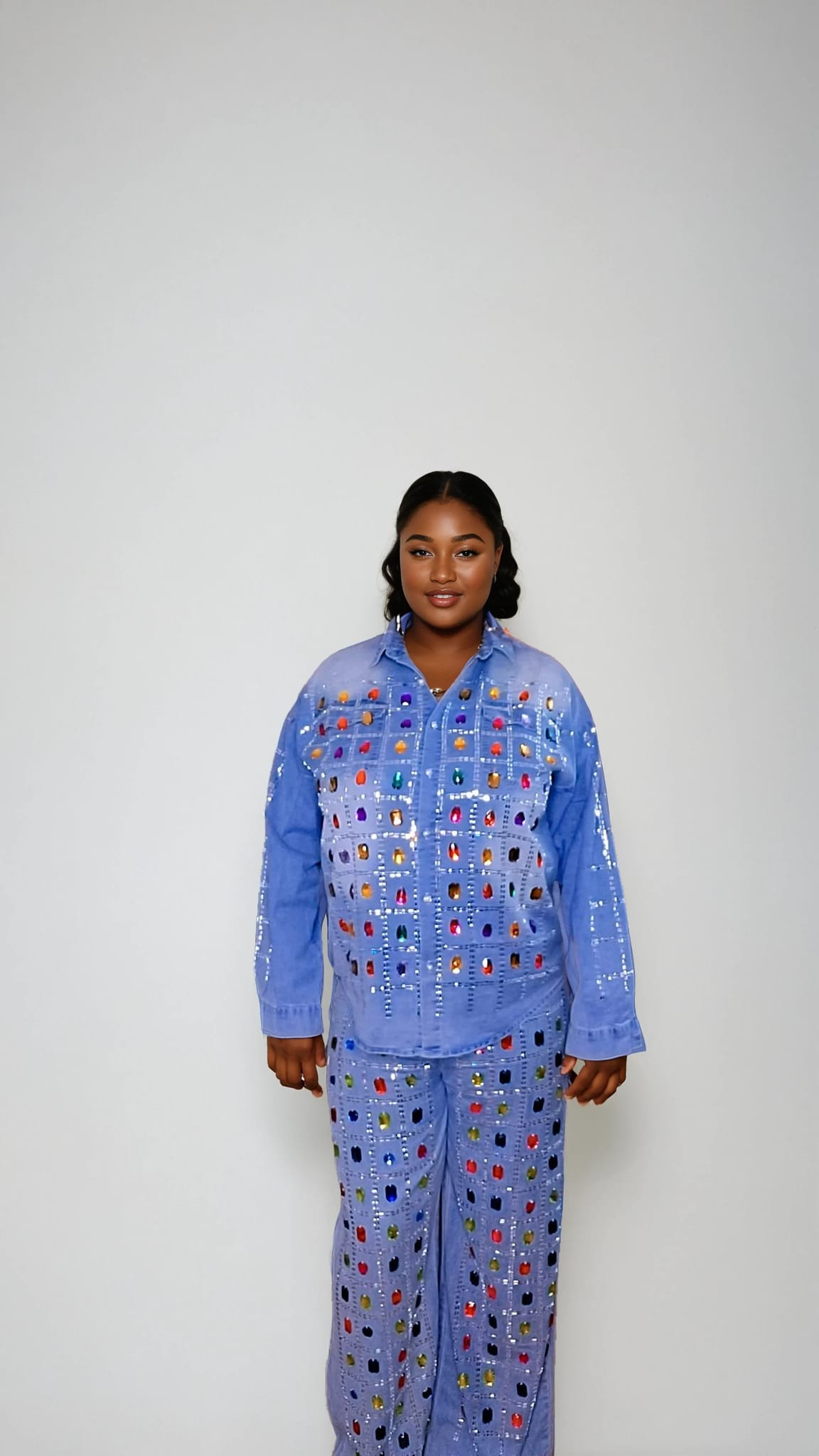 Gem‑Grid Jacket & Pants (Multicolor Studs)