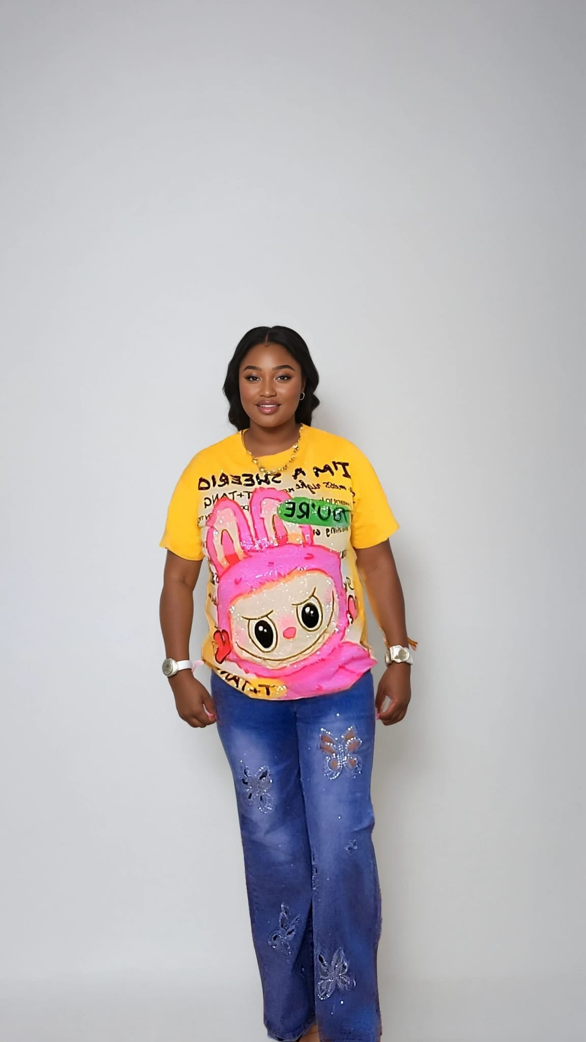Yellow Sequin Bunny Tee & Butterfly Rhinestone Jeans