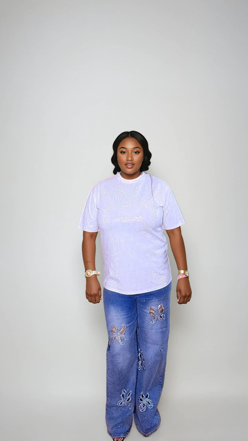 Iridescent Lilac Tee & Butterfly Rhinestone Jeans