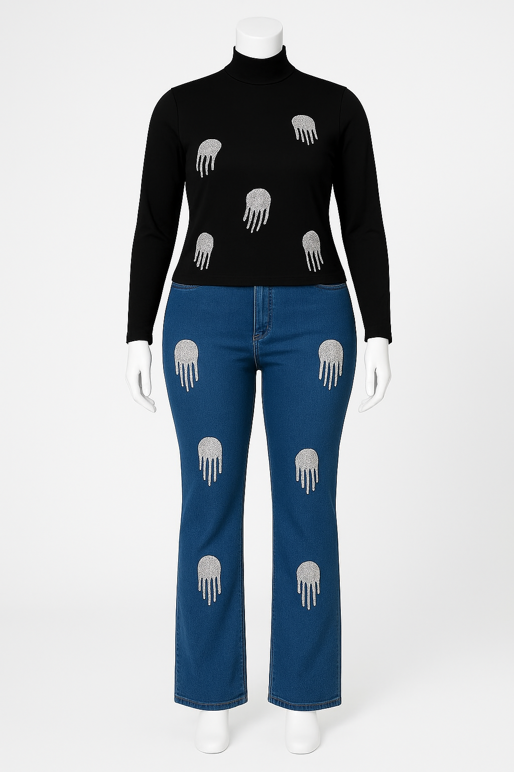 Turtleneck & Rhinestone Drip Denim