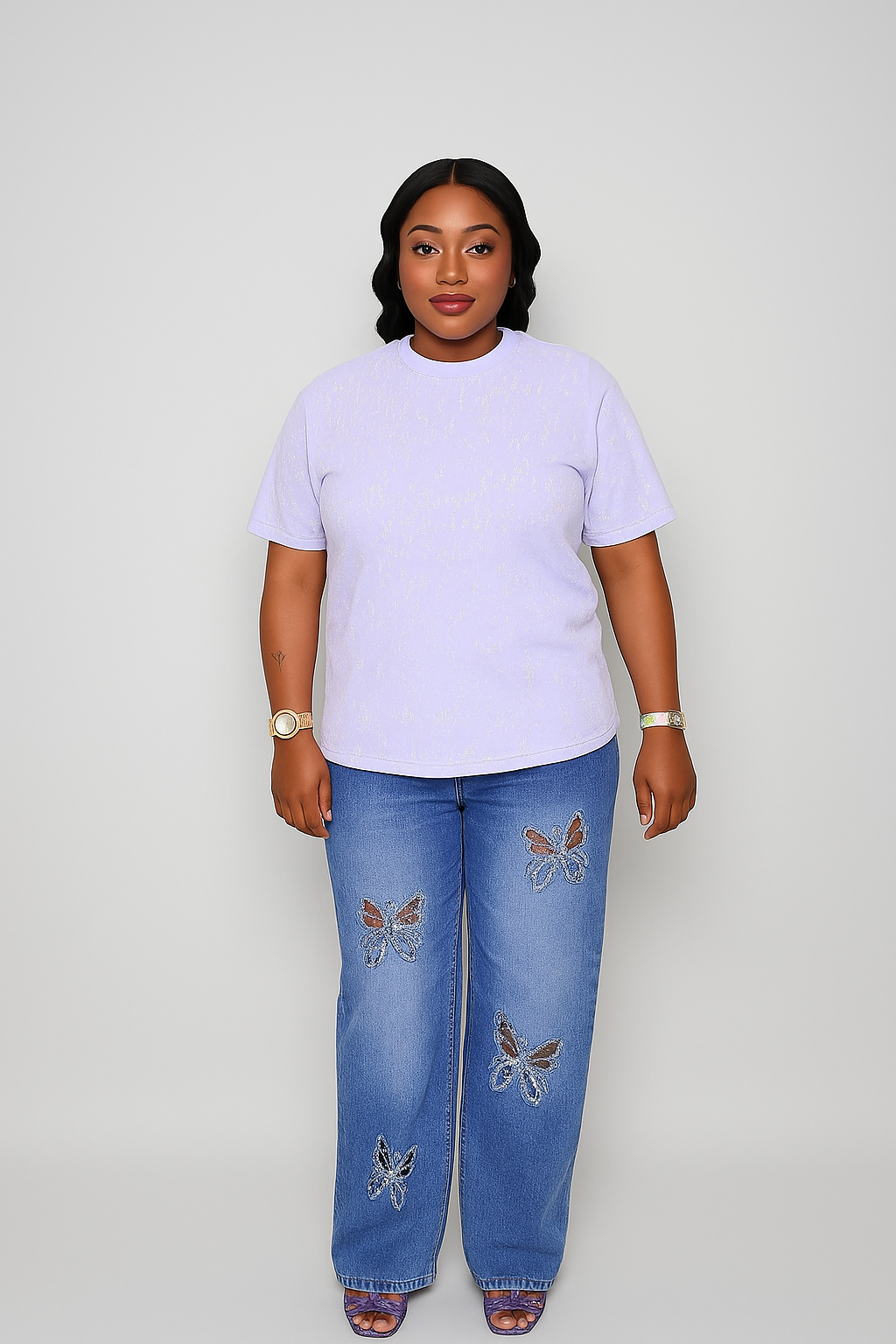 Iridescent Lilac Tee & Butterfly Rhinestone Jeans