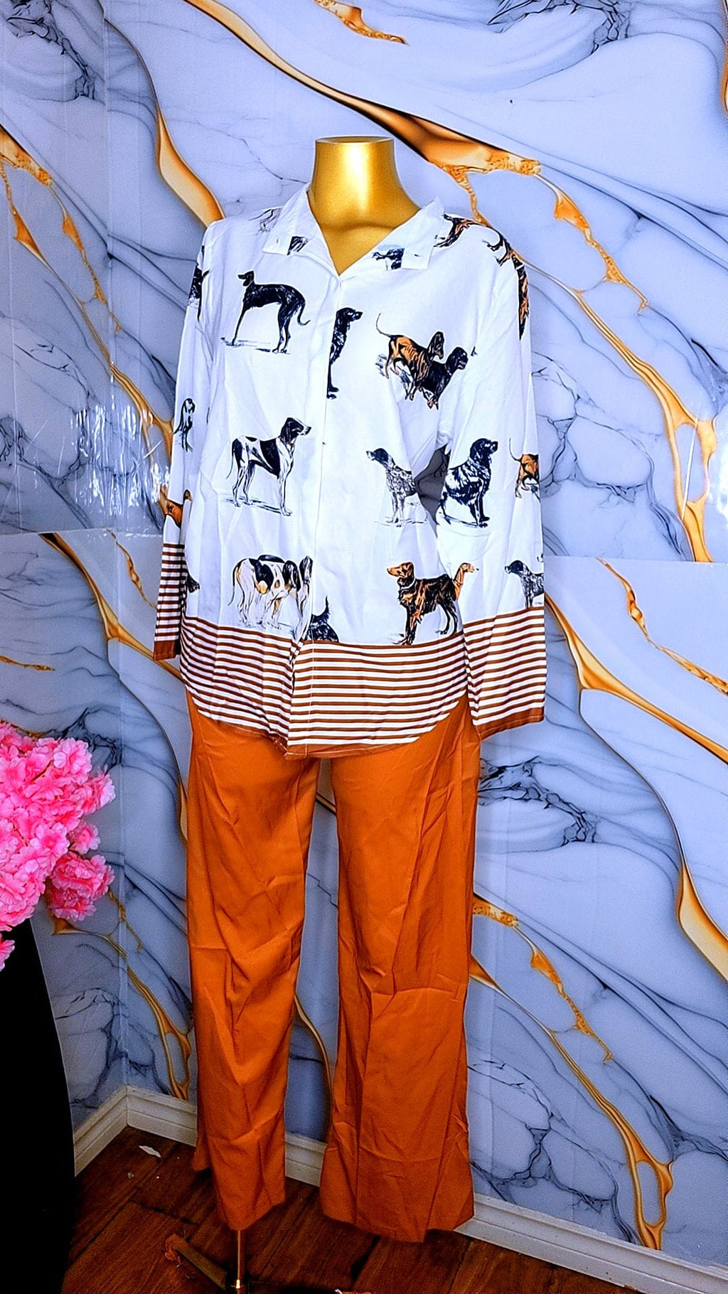 2-Piece Dog Print Shirt & Rust Wide-Leg Pants Set