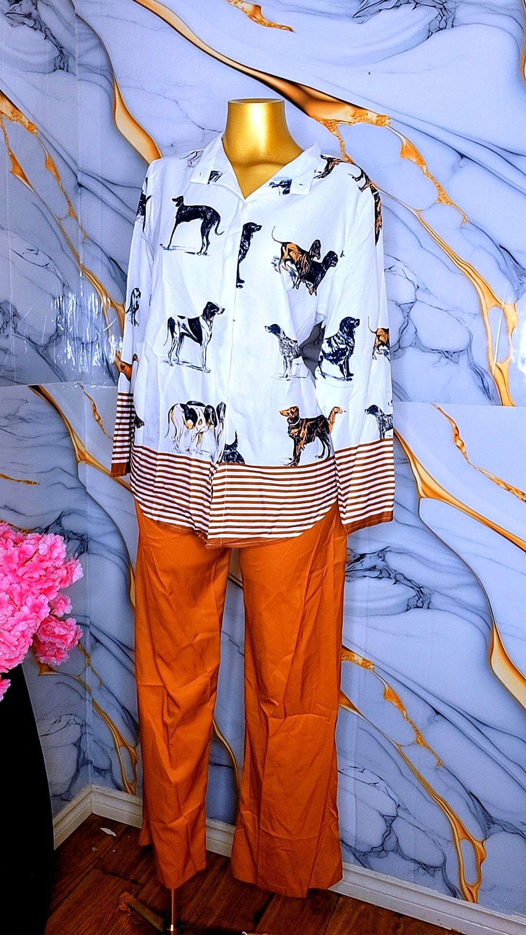 2-Piece Dog Print Shirt & Rust Wide-Leg Pants Set