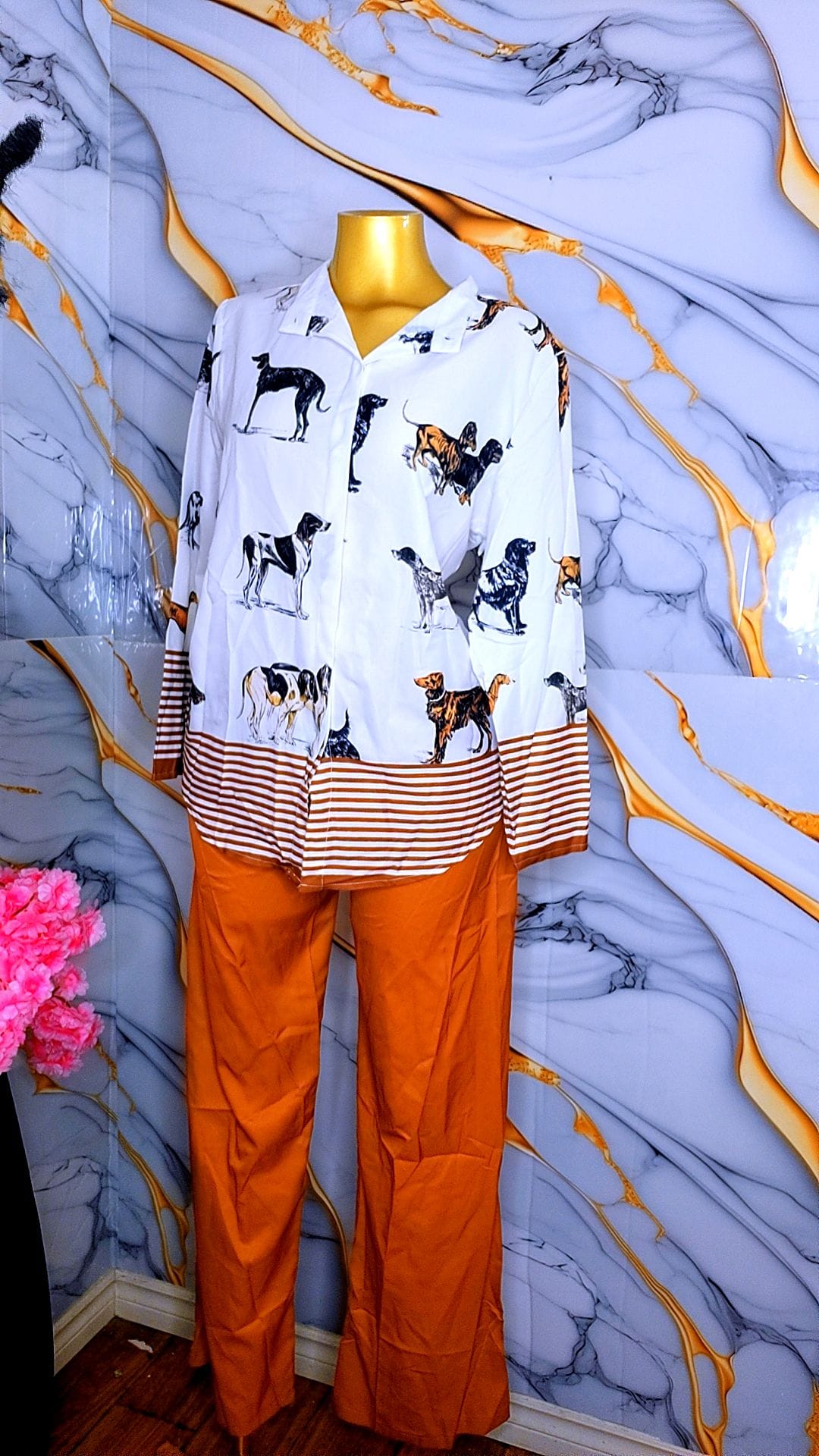 2-Piece Dog Print Shirt & Rust Wide-Leg Pants Set